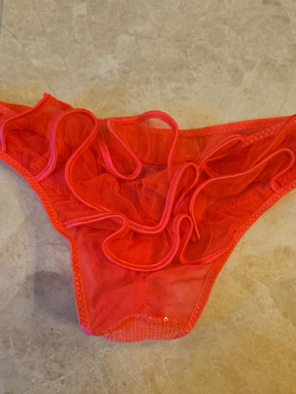 Victoria's Secret Neon Coral Sequin Bikini Panty w/flirty, fun ruffles!!